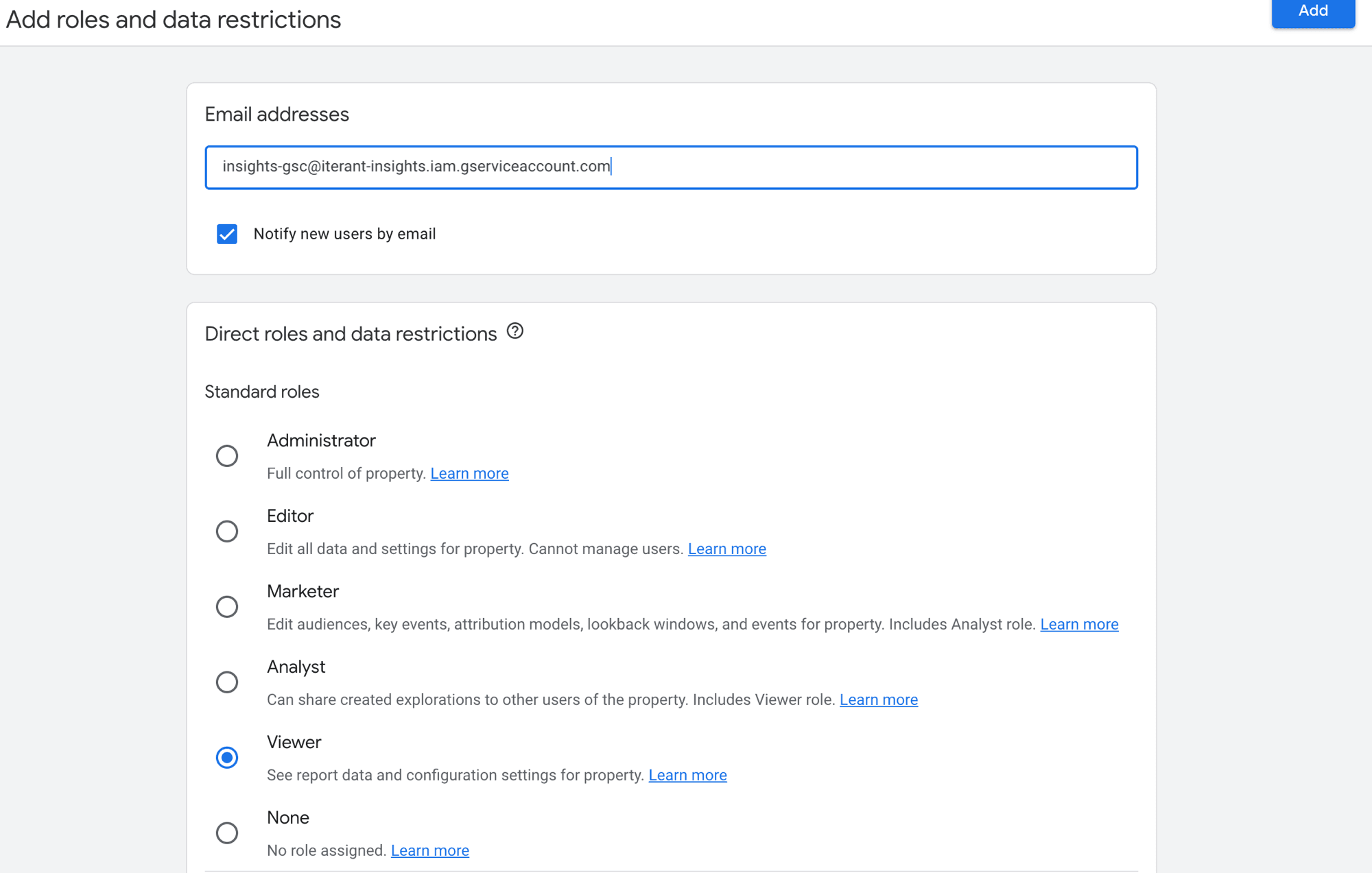 GA4 Add user dialog showing the service account email and Viewer role selected