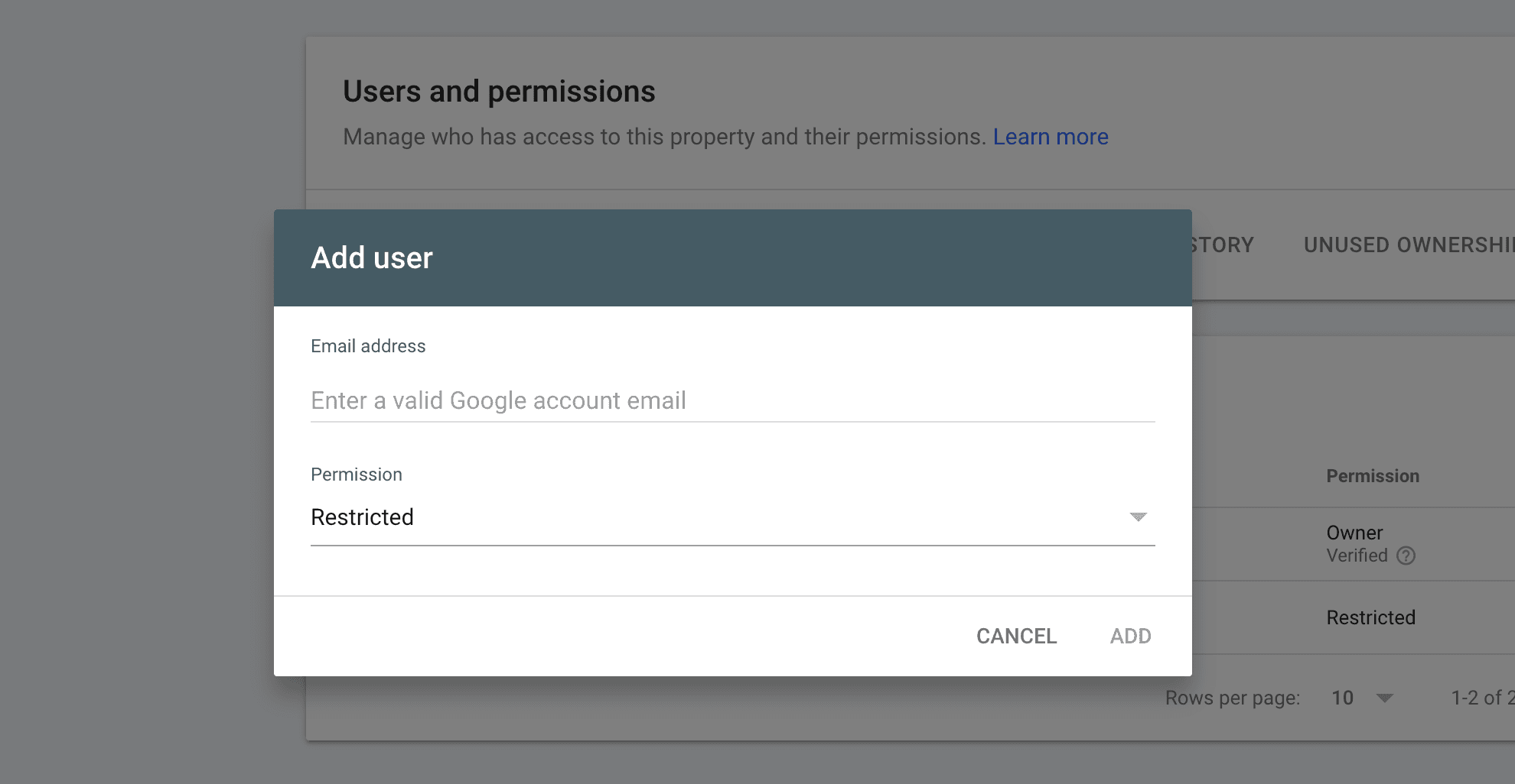 Add user dialog in Google Search Console showing the email field and Restricted permission level